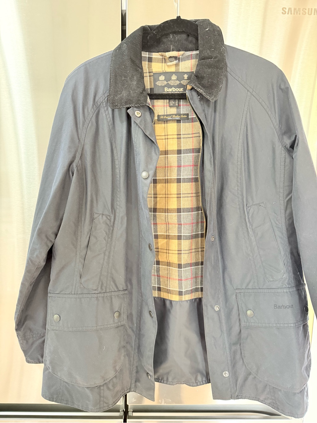 Barbour Navy Waxed Cotton Field Jacket With Tartan Lining